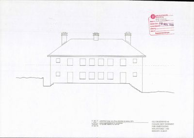 Fasadetegning som viser bygningens utseende sett fra nordøst, inkludert vinduer, dører, takform og trapper.