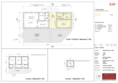 Etasjeplan (1. etasje) med romfordeling, mål og BRA oppsummering for en byggesak.