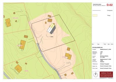 Situasjonsplan som viser tomtens form, høydeforhold (konturlinjer), nabobygninger og bygningsplassering.