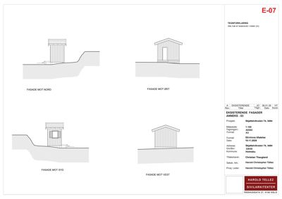 Fasadetegning som viser utsiden av en bygning sett fra fire sider (Nord, Øst, Syd, Vest).