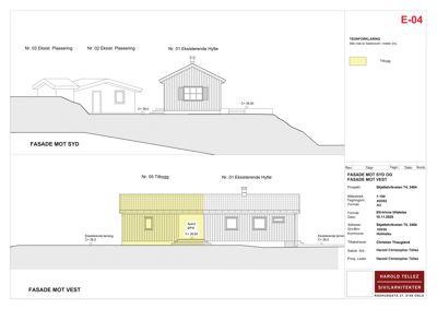 Fasadetegning som viser bygningens utseende sett fra syd og vest, inkludert eksisterende og nybygde deler.