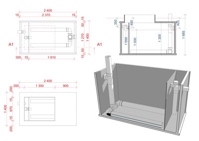 Teknisk detaljtegning av en teknisk romløsning, sannsynligvis en teknisk romløsning for avløp eller ventilasjon, med 2D-planer og 3D-snitt.