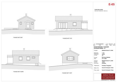 Fasadetegning som viser utsiden av en eksisterende bygning sett fra fire sider (øst, syd, nord, vest).