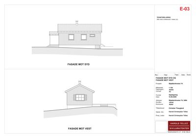 Tegning som viser fasade mot syd og fasade mot vest for et hus.