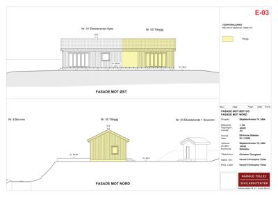 Fasadetegning som viser bygningens utseende sett fra øst og nord, med høydeangivelser og tilhørende tegningsinformasjon.