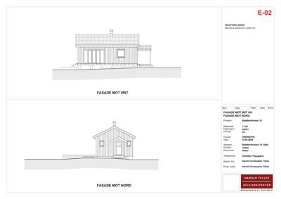 Tegning som viser fasade mot øst og fasade mot nord for en bygning.