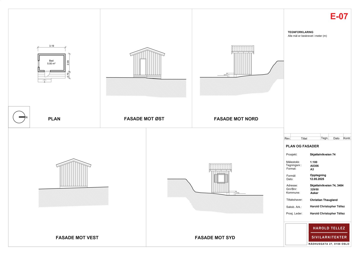 Tegning som viser fasadetegninger (mot øst, vest, nord og syd) samt en plan for et bad.