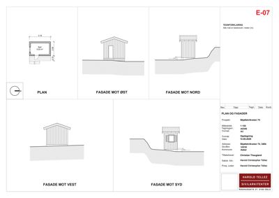 Bildet viser en tegning med fasadeoppvisninger (mot øst, vest, nord, syd) og et planutsnitt av en bygning.