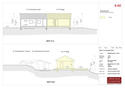 Snittegning (SNITT A-A og SNITT B-B) som viser tverrsnittet av eksisterende hytte, soverom og tilbygg med høydemål.