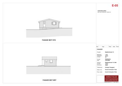 Fasadetegning som viser bygningens utseende sett fra sør og øst.