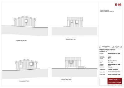 Fasadetegning som viser utsiden av en bygning sett fra fire sider (Nord, Øst, Syd, Vest).