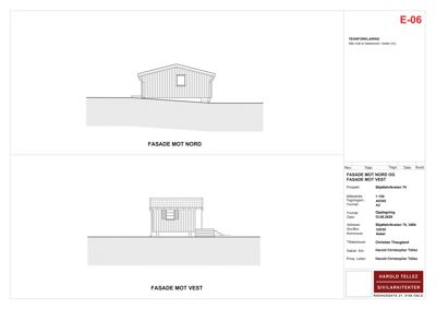 Tegning som viser fasade mot nord og fasade mot vest for en bygning.