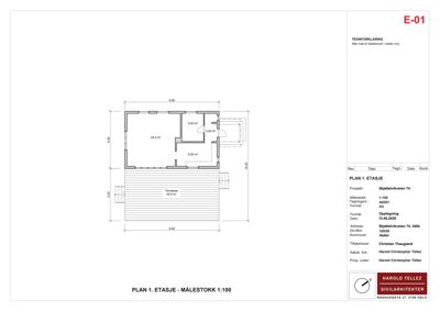 Etasjeplan (1. etasje) med romareal, mål og terrasse.