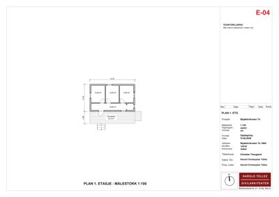 Etasjeplan (PLAN 1. ETASJE) som viser romfordeling, mål og areal for en bolig.