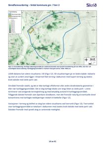 Kart over et skredfarevurderingsområde med overlag av kronedekning (grønnfargede felter) og et kartleggingsområde (blå linje).