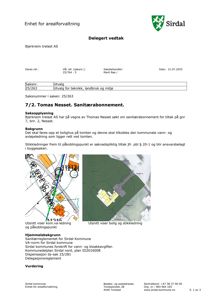 Dokumentet inneholder to kartutsnitt: et situasjonskart som viser vann- og avløpsledninger, og et flyfoto som viser boligens plassering i forhold til stikkledning.