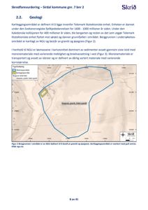 Kart over kartleggingsområdet med overlag av berggrunn (øyegneis, granitt, folert granitt) og koordinater.