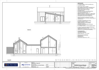 Snittegning (Snitt A og Snitt B) som viser tverrsnittet av en bygning med mål og konstruksjonsdetaljer.