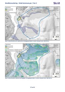 Kart som viser skredfarevurdering for et område i Sirdal kommune, med overlagte kartleggingsområder og skredfareområder.
