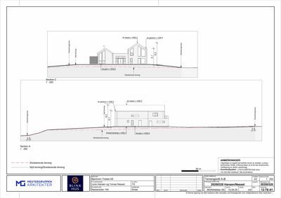 Tegning som viser tverrsnitt gjennom bygningen (terrensnitt) med høydemål og terrengforhold.