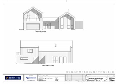 Tegning som viser fasadeoppsettet for en bolig sett fra nord-øst og nord-vest.