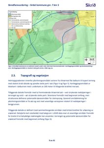 Kart over et område med overlagte data om skredfare, topografi og vegetasjon.