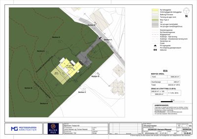 Situasjonsplan som viser tomtens beliggenhet, bebyggelse, veier og arealoppdeling.