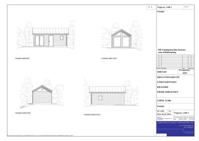 Fasadetegning som viser bygningens utseende fra fire ulike vinkler (Sør-Øst, Sør-Vest, Nord-Øst, Nord-Vest).