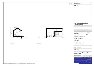 Snittegning (Tversnitt A-A og Longdesnitt B-B) av en hytte med angitte mål.