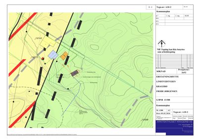 Situasjonsplan (Kommuneplan) som viser tomtens beliggenhet, topografi, eksisterende og planlagt bebyggelse samt infrastruktur.