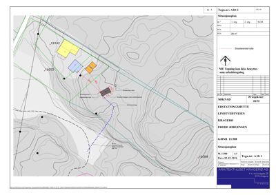 Situasjonsplan som viser tomtens beliggenhet, høydeforhold (konturlinjer), eksisterende og planlagt bebyggelse, samt tilknyttede veier og stier.