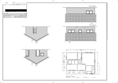 Fasadetegning med oppriss av bygning sett fra fire sider (øst, vest, nord, sør) samt en eksisterende etasjeplan.