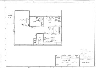Teknisk detaljtegning (G07.5010) som viser innredning og plassering av sanitæranlegg (WC, dusj, vask, baderom) i et rom.
