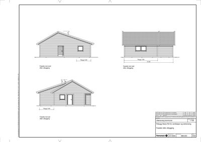 Fasadetegning som viser oppriss av en bygning sett fra nord, vest og sør etter utbygging.