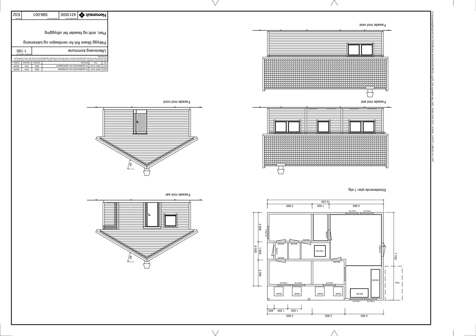 Fasadetegning med oppriss av bygning sett fra fire sider (øst, vest, nord, sør) samt en eksisterende etasjeplan.
