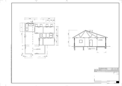 Bildet viser en tegning som inneholder både en etasjeplan (til venstre) og et snitt (til høyre).