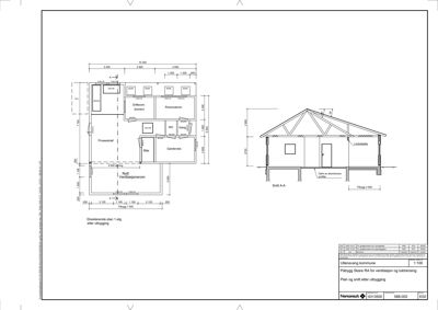 Bildet viser en tegning som inneholder både en etasjeplan (til venstre) og et snitt (til høyre).