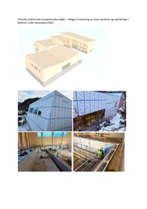 Et sammensatt bilde (collage) som viser en 3D-modell av en bygning øverst, og fire fotografier av en bygning under oppføring eller vedlikehold nederst.