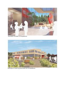 Bildet viser to 3D-visualiseringer (renderinger) av en skolebygning og uteområder, inkludert etasjeplan med romfordeling og fasadevisning.