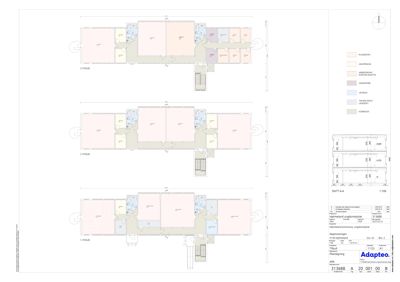 Plantegning som viser romfordeling for 1., 2. og 3. etasje, inkludert snitt A-A og en nøkkel.