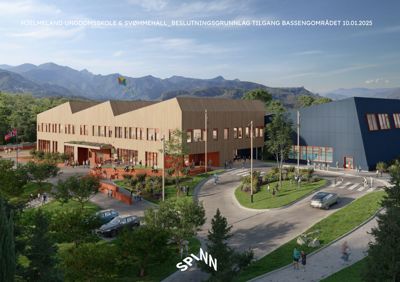 3D-visualisering av Hjelmeland Ungdomsskole & Svømmehall med omgivelser