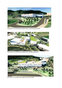 Tre 3D-visualiseringer (renderinger) av Hjemeland ungdomsskule, som viser fasade, takhage og uteområder.