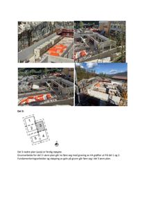 Bildet viser en collage av fire foton som dokumenterer et byggearbeid i gang, samt en teknisk plan (Del 3) med tekstbeskrivelse under.