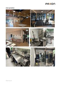 Fotografier av en skoleaula og kantine, inkludert kjøkkenutstyr og innredning.