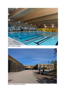 Bildet viser to foton av en bygning (Flesberg skole og symjehall). Øverste bilde er et innendørsbilde av svømmebasseng, nederste bilde er et utvendig bilde av skolens fasade.