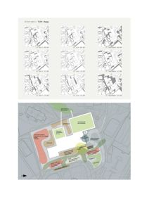 Bildet viser en situasjonsplan (nederst) med fargekodete soner for ulike funksjoner, samt en serie mindre situasjonsplaner øverst som illustrerer utviklingen av området over tid.