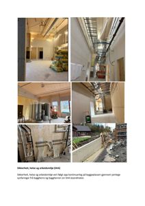 Et collage av flere bilder som viser et bygg under oppføring, inkludert interiør med installasjoner og utsnitt av byggeplassen.