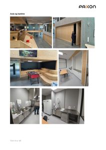 Fotografier av et interntrom (aula og kantine) med innredning, møbler og utstyr.