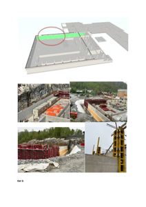 Bildet viser en collage med fire bilder som dokumenterer et byggprosjekt i gang. Øverst er det en 3D-modell eller rendering av bygningens grunnplan, der en del er markert grønn og omringet av en rød sirkel. De tre bildene nederst er foton fra byggeplassen som viser betongarbeider, stålkonstruksjoner og formverk.