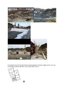 Bildet viser en samling av 5 fotografier fra et byggeplass (skuledelen) som dokumenterer fremdrift og betongarbeider, samt en liten situasjonsplan som viser sonefordeling.